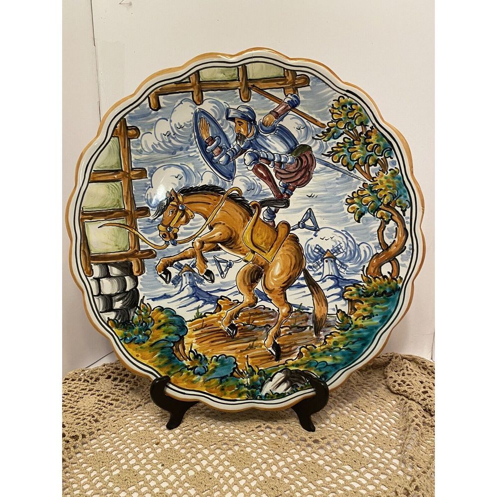 Spanish TALAVERA Don Kichot Majolica Pottery Wall Charger Signed By S. TINONEDA
